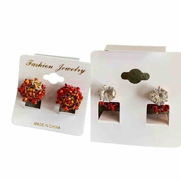 Double Sided Earrings Studs Rose Bouquet Rhinestone Red Floral - Picture 1 of 5